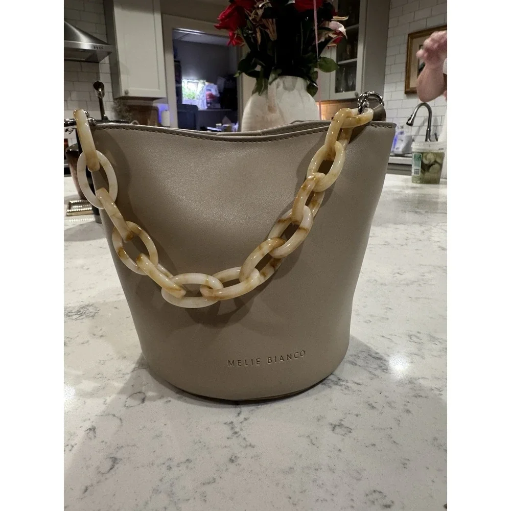 Melie Bianco Beige Vegan‎ Leather Bucket Bag Chunky Resin Chain Handle Taupe